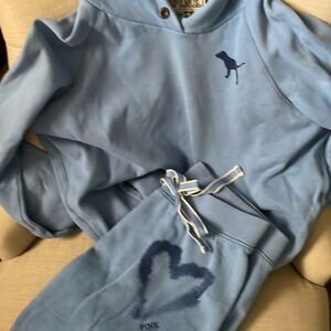 Victoria's Secret PINK classic Blue Hoodie and crop sweatpants watercolor hearts